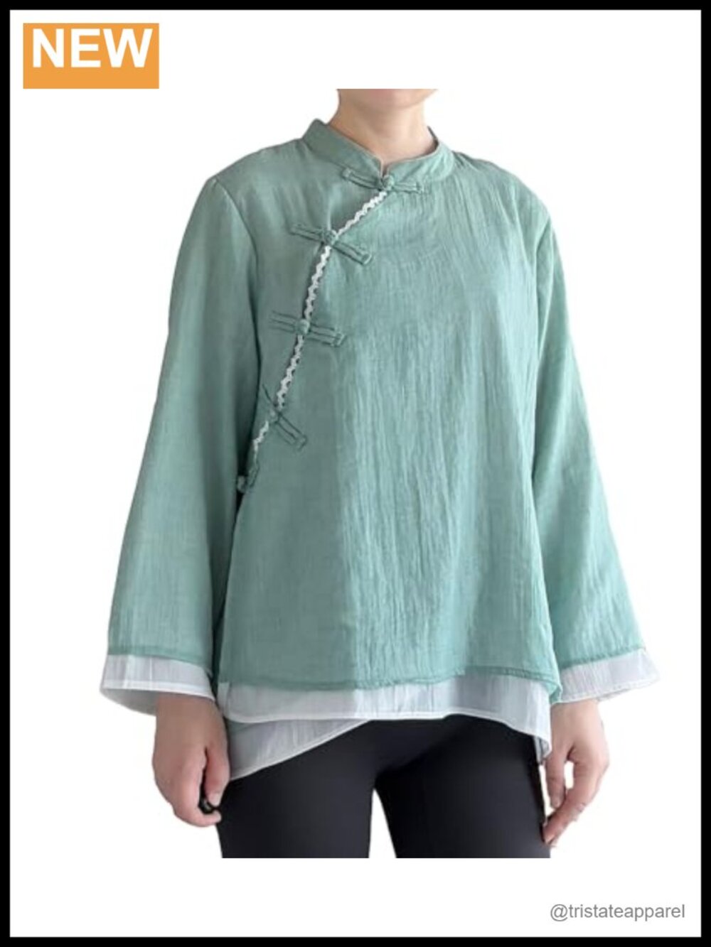 Women's 3/4 Sleeve Cotton Linen Button Down Blouse with Chinese Frog Closures